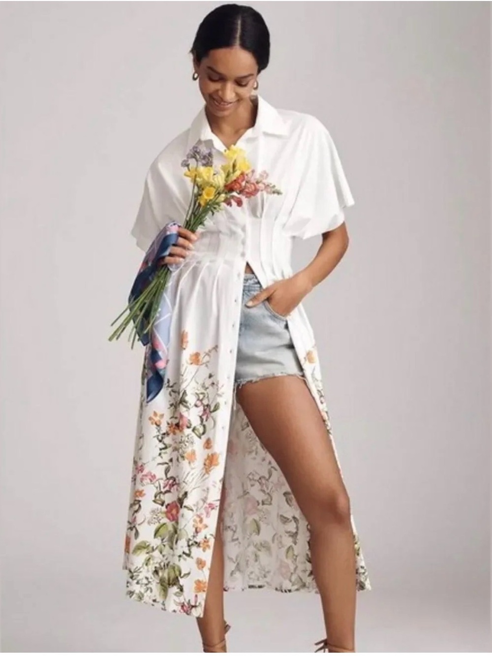 Anthropologie White Floral Midi Shirt Dress with Pastel Bloom